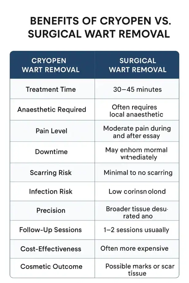 Table showing the benefits of cryopen to remove warts Wincanton compared to surgical treatment
